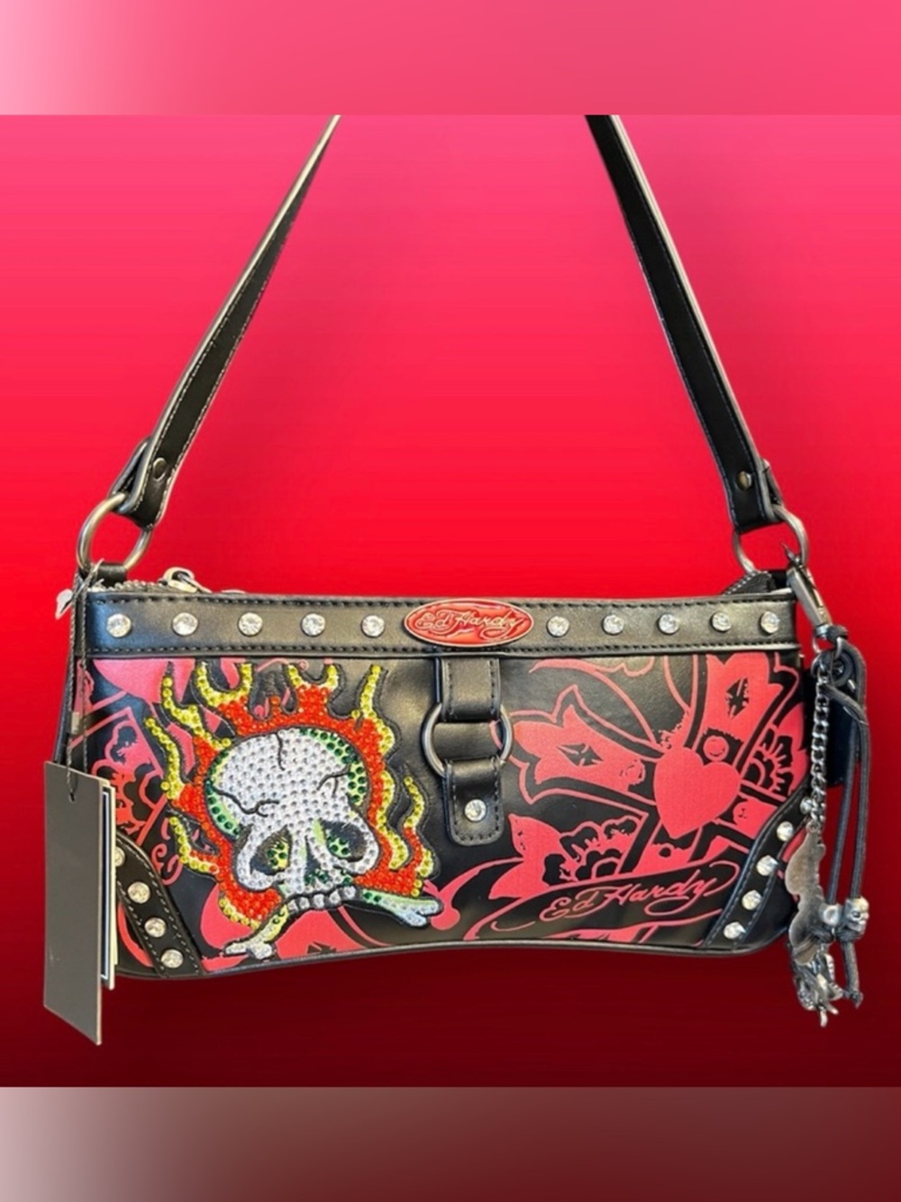 ED HARDY Black and Pink Studded Shoulder Bag/Crossbody Bag with Skull/Cross
🥰